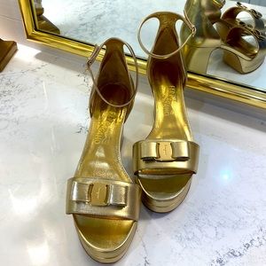 Ferragamo 10B platform gold heels